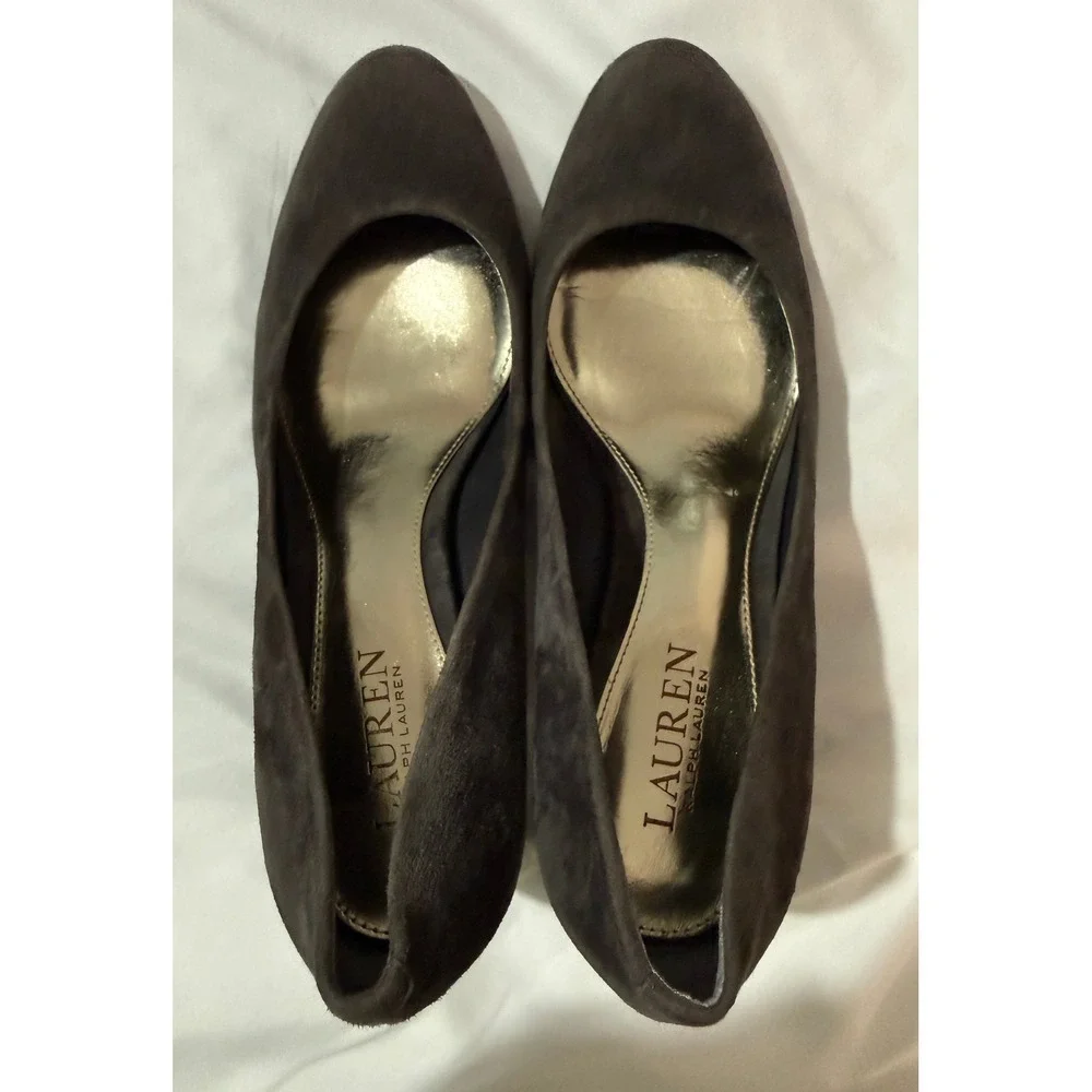 Lauren Ralph Lauren Hala Dark‎ Grey Suede Block Heel Pumps Womens 8.5B Round Toe